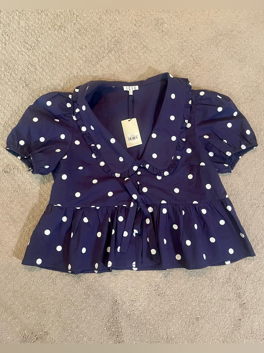 Navy and White Polka Dot Top